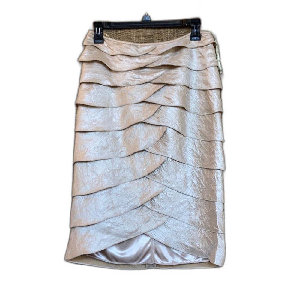 Adrianna Papell Evening Essentials tiered shiny midi skirt color champagne